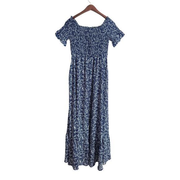 LULUS Fleurtation Floral Print Off Shoulder Midi Dress Navy Blue Medium M - Picture 8 of 12